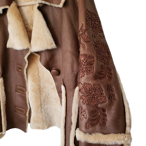 Vintage Faux Leather Fur Shearling Jacket With Beaded Embroidered Sleeve - Picture 6 of 7